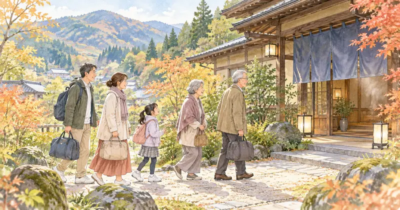 紅葉に囲まれた山里の宿へ向かう三世代家族のイラスト