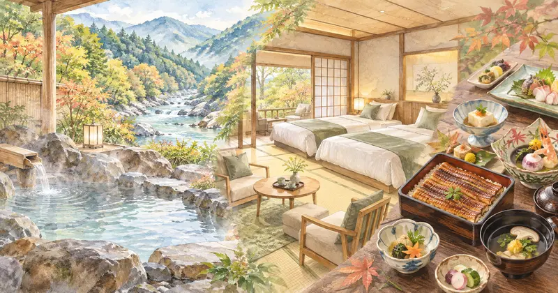 渓流露天風呂、ツインベッドの客室、会席とうなぎ料理を描いた宿比較のイラスト