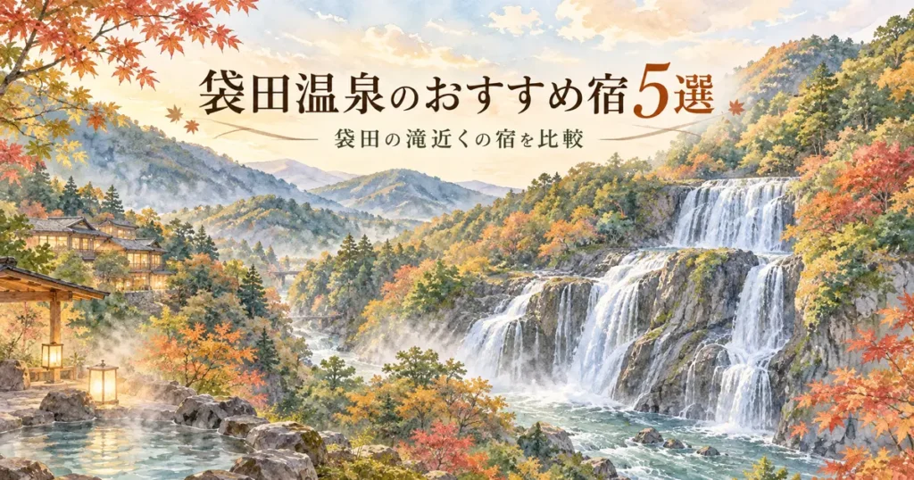 袋田の滝をイメージした滝と紅葉、温泉宿を描いたイラスト