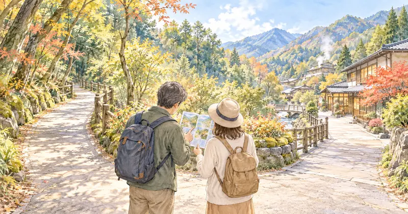 山里の道でパンフレットを見ながら宿選びを相談する夫婦のイラスト
