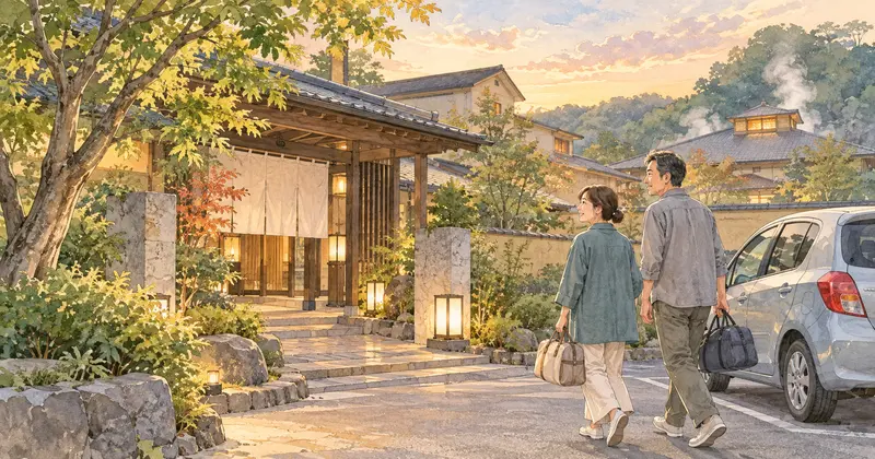 宿泊用バッグを持ち、車から温浴施設へ向かう夫婦のイラスト