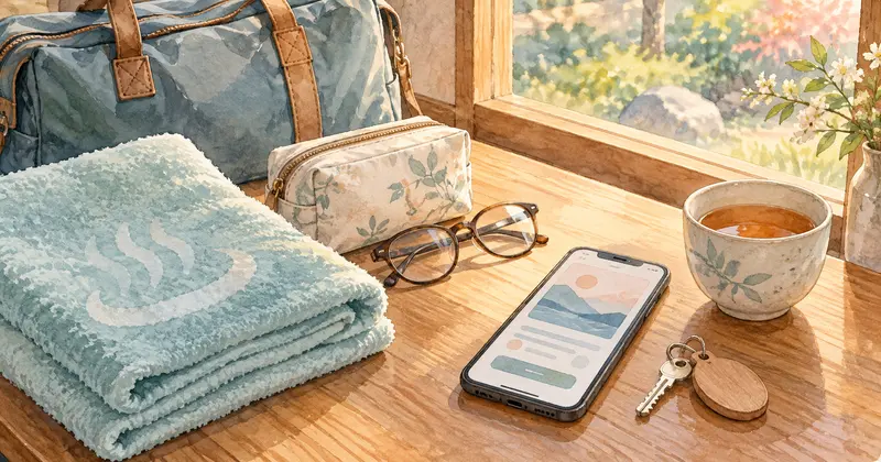 宿泊予約を確認するスマートフォンとタオル、鍵を並べた旅支度のイラスト