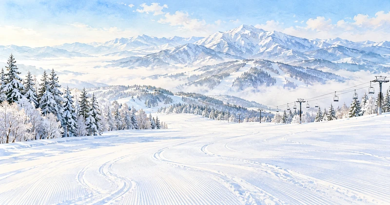 幅の広い雪の斜面とリフトを描いた、家族向けゲレンデのイメージ