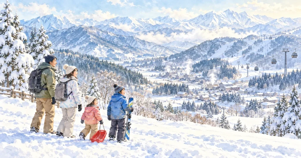 雪山と温泉街を眺める親子と、そりやスキー板を描いた野沢温泉の子連れ旅行イメージ