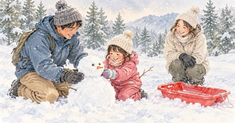 雪だるま作りを楽しむ親子と赤いそりを描いた、幼児の雪遊びイメージ
