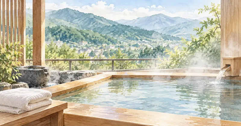 山の景色と湯気を楽しむ客室露天風呂のイメージイラスト