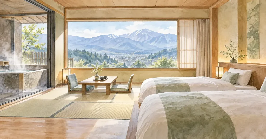 浅間温泉おもとの部屋選びをイメージした、山並みを望む和洋室と露天風呂のイラスト
