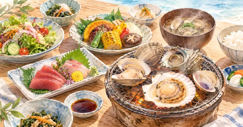 浜焼きと刺身、野菜、汁物を組み合わせた夕食のイメージ