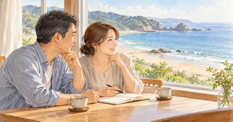 海を望む窓辺で旅行の食事プランを相談する夫婦のイメージ