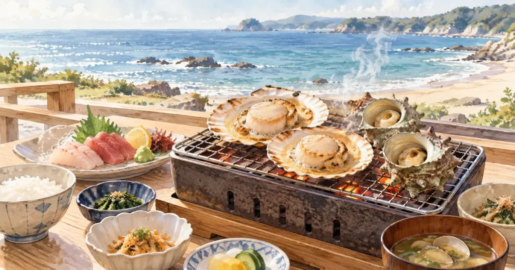 海を背景に帆立やサザエの浜焼きと刺身が並ぶ食事のイメージ