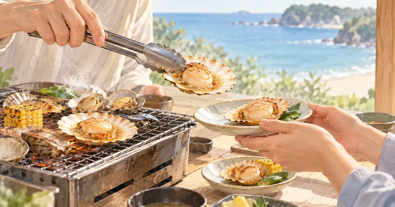 卓上グリルで焼いた帆立を取り分ける浜焼きのイメージ