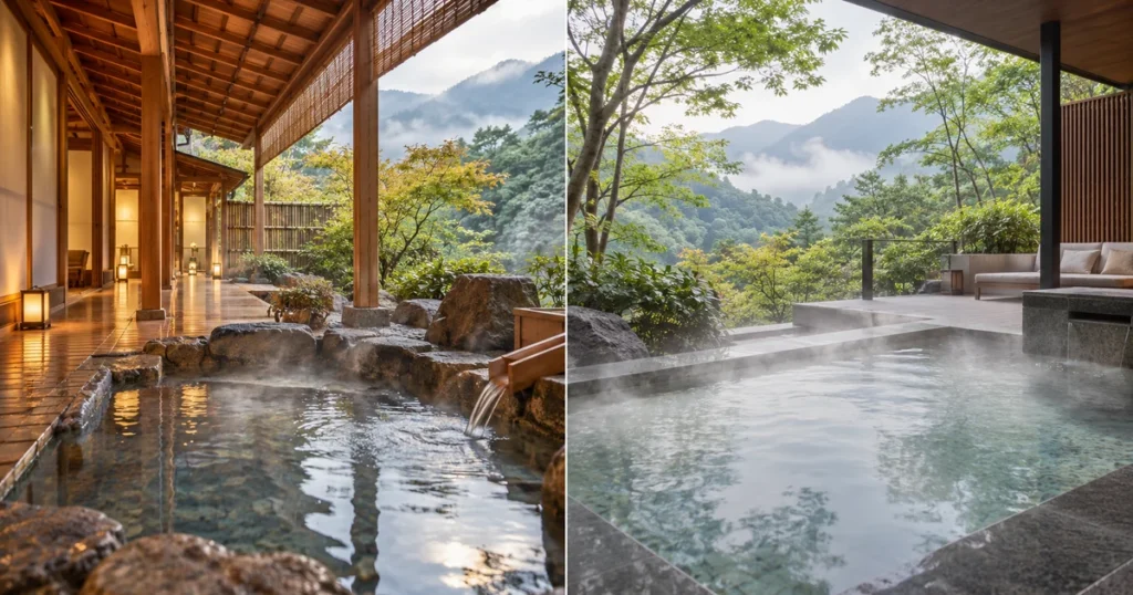 gora-hanaougi-madokanomori-differences.webp強羅花扇と円かの杜の違いを表現した二つの温泉旅館のイメージ