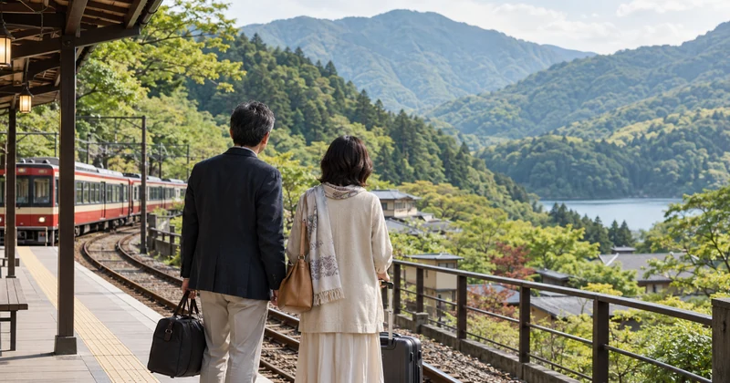 箱根の山間を訪れる夫婦と交通アクセスのイメージ