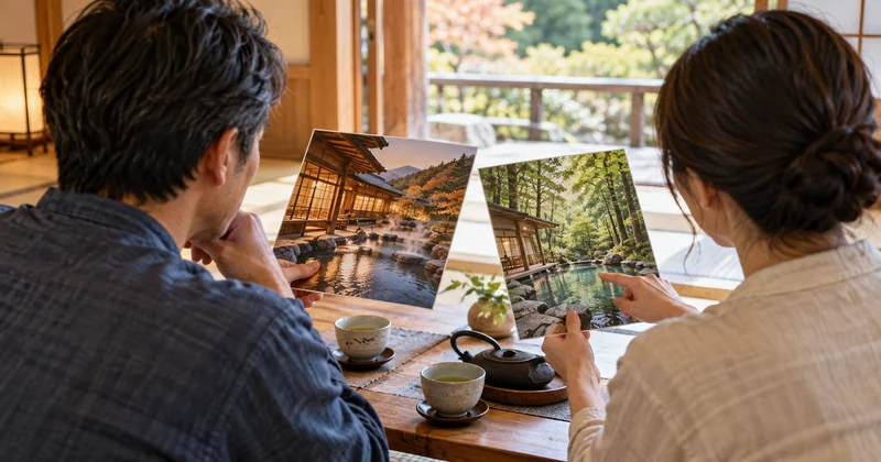 強羅花扇と円かの杜のどちらを選ぶか検討する夫婦のイメージ