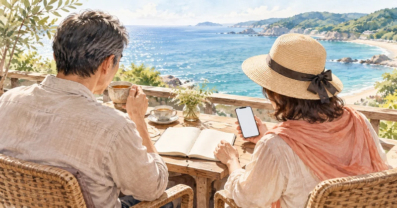海辺でスマートフォンと旅行ノートを使い宿を検討する夫婦のイラスト