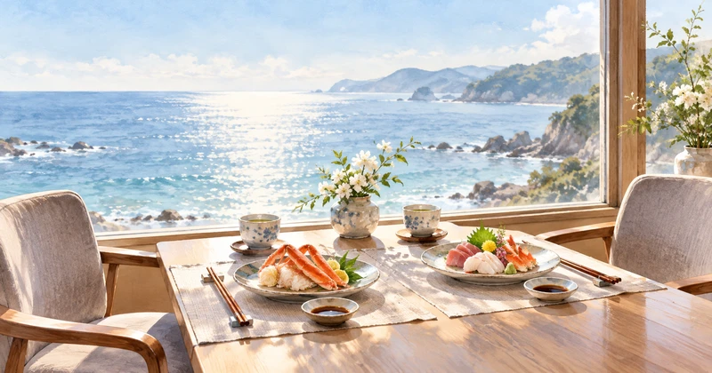 海が見える窓辺にカニと刺身を並べた二人分の食卓のイメージイラスト