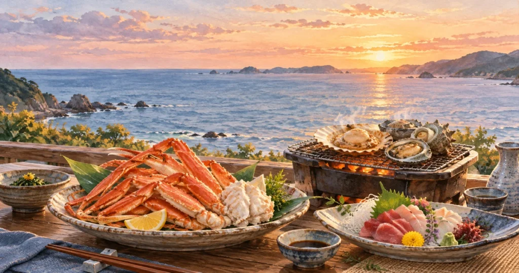 海を背景にカニと浜焼き、刺身を並べた海鮮バイキングのイメージイラスト