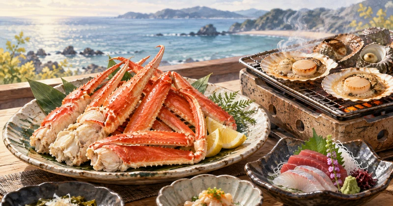 カニの脚と貝の浜焼き、刺身を描いた海鮮料理のイメージイラスト