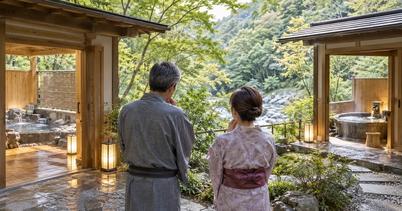 貸切風呂の選び方を相談する夫婦のイメージ画像