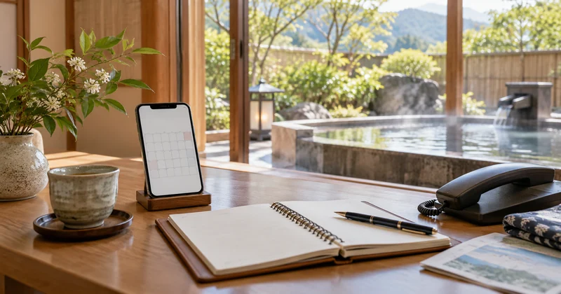 はつはなの貸切風呂を電話で予約する手順をイメージした机と電話