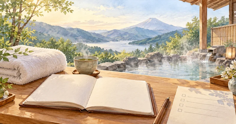 温泉旅行の予約前に確認する項目を描いたイラスト
