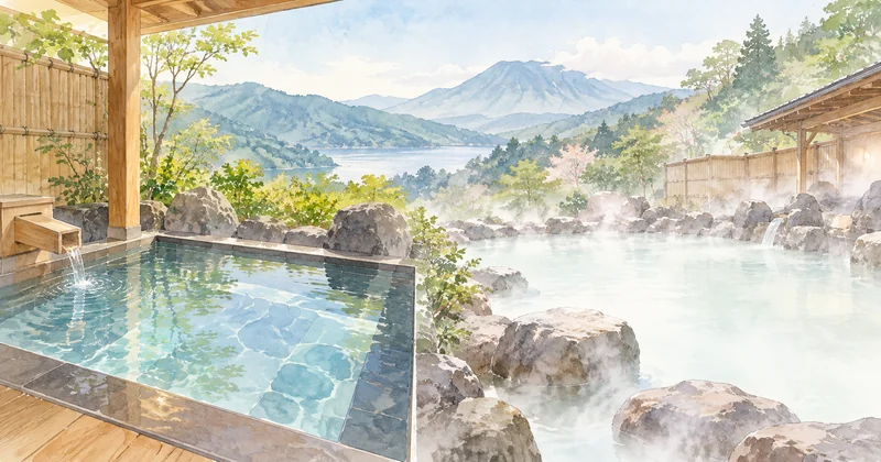 透明な客室露天風呂と白濁した大浴場を比較するイラスト