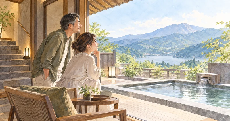 客室露天風呂の眺望と階段を確認する夫婦のイラスト