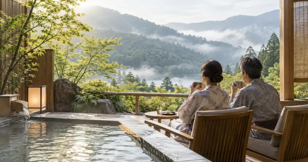 箱根の高級旅館で温泉旅行を楽しむ大人カップル