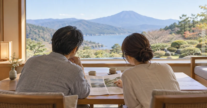 箱根旅行で景色や過ごし方に合う部屋を選ぶ夫婦のイメージ