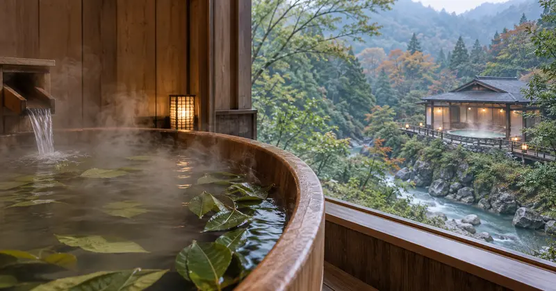 はづ合掌の薬湯と姉妹館の天然温泉の違いを表すイメージ