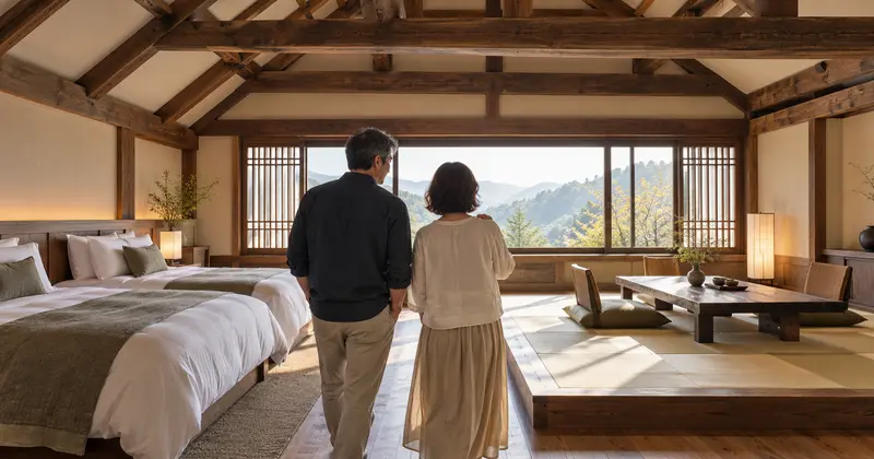 ツインベッドと畳スペースがある和洋室を選ぶ夫婦のイメージ