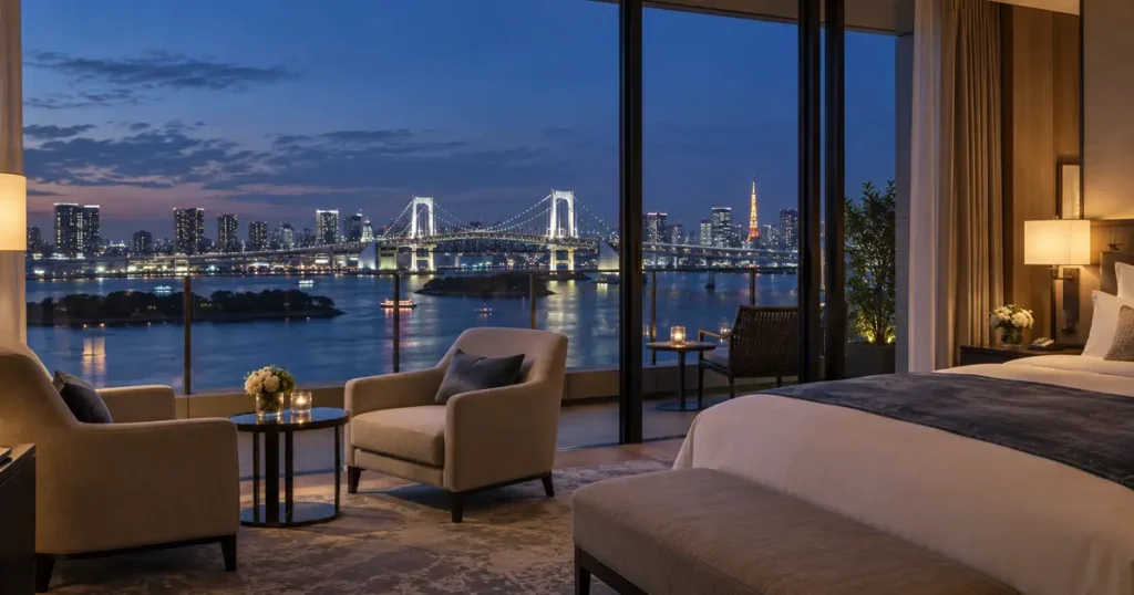 ヒルトン東京お台場のレインボーブリッジ側客室から見る夜景