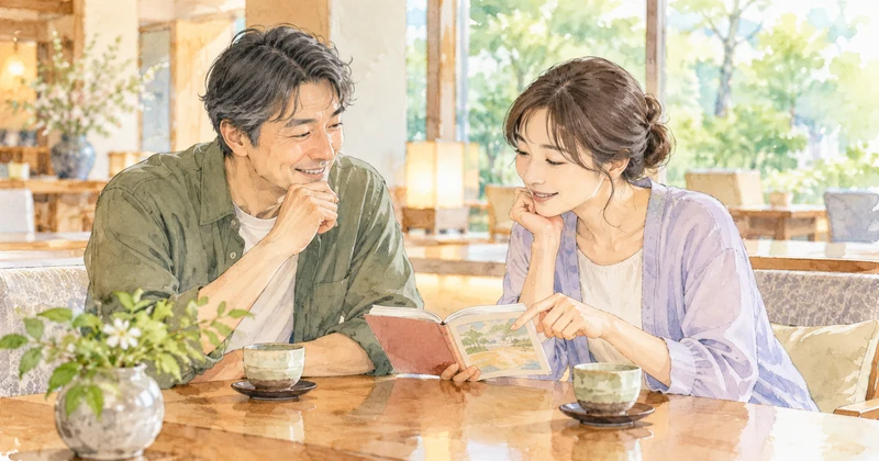 旅行手帳を見ながら宿泊計画を相談する夫婦のイメージイラスト