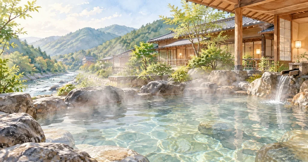 川沿いの和風旅館と湯気の立つ露天風呂のイメージ