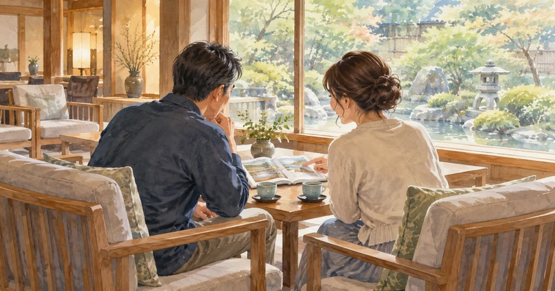 庭を望むラウンジで温泉旅館選びを相談する夫婦のイメージ