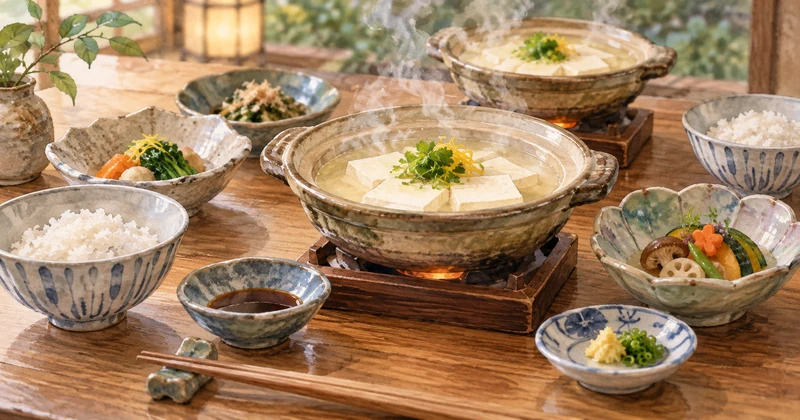湯気の立つ豆腐鍋と季節の小鉢を並べた旅館の夕食イメージ
