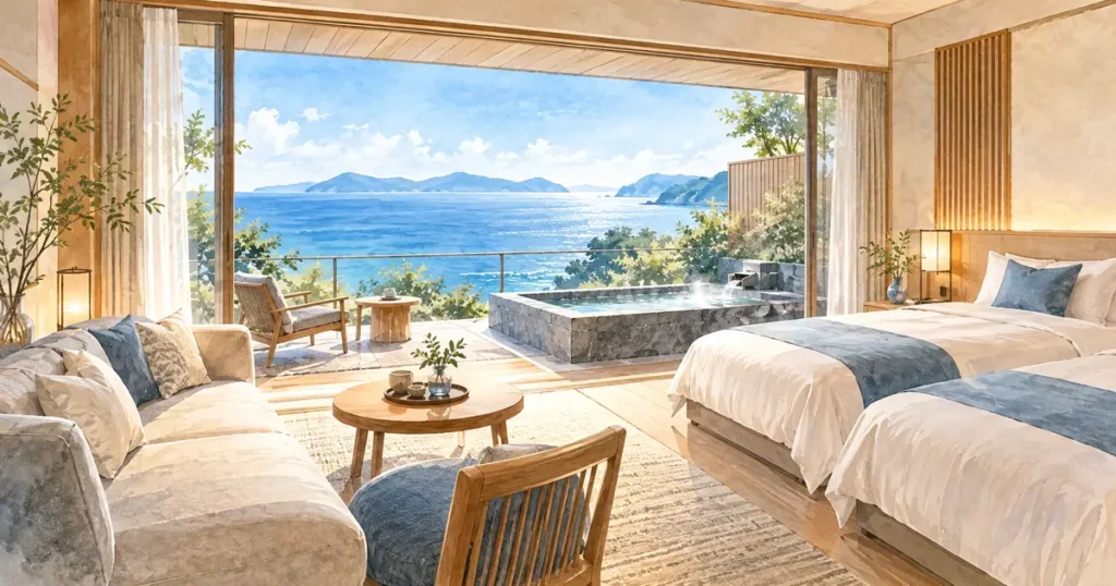 海を望むツイン客室とテラスの露天風呂を描いた部屋選びのイメージ