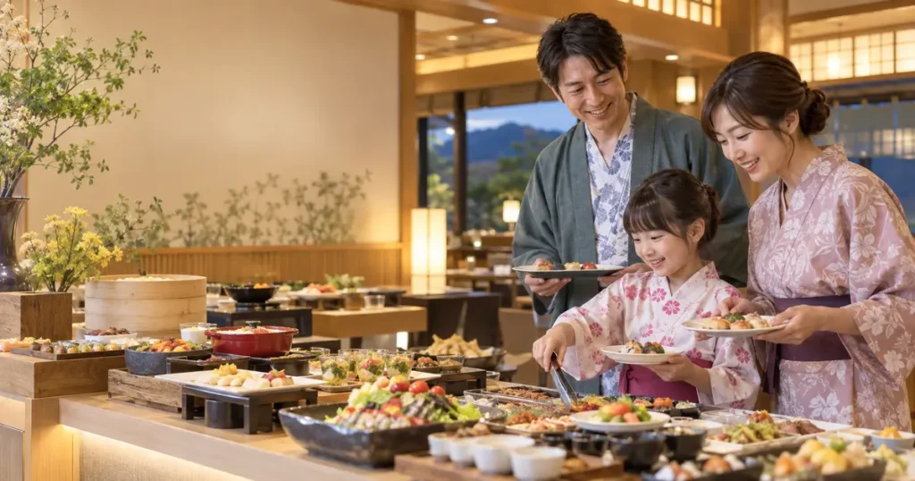 伊豆長岡金城館のバイキングを楽しむ子連れ家族