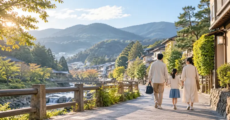 伊豆長岡温泉で家族旅行を楽しむ親子
