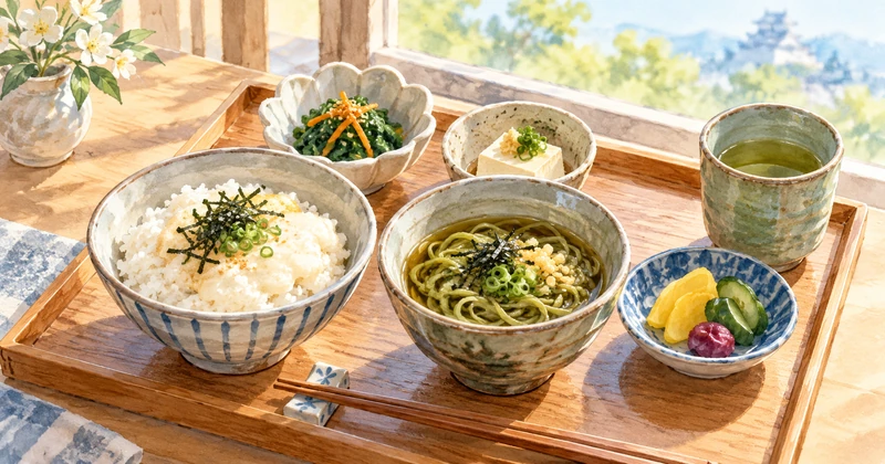 とろろご飯や茶そば、小鉢と緑茶を並べた和朝食のイメージ