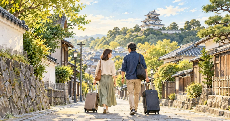 旅行かばんを持って城下町を散策する夫婦のイメージ