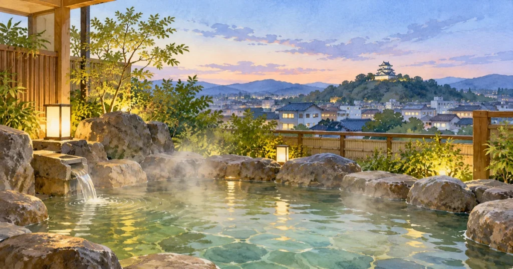 城下町を望む露天風呂と夕空を描いた温泉旅のイメージ