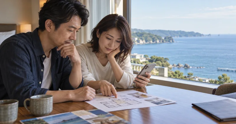 鴨川グランドホテルのプレミアム客室を予約前に比較する夫婦のイメージ