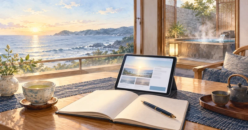 海辺の温泉宿の予約を確認するタブレットと旅ノートのイラスト