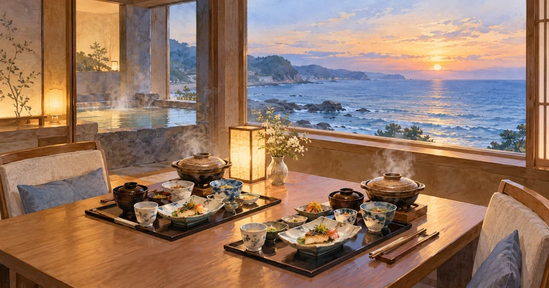 海を望む個室ダイニングに二人分の和食膳が並ぶイメージ