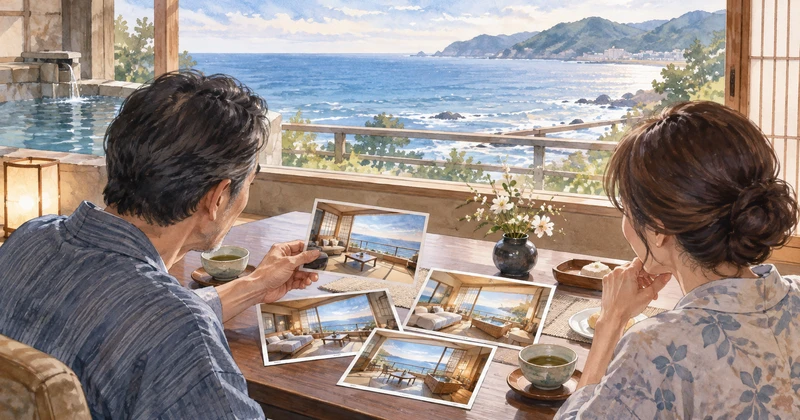 海辺の温泉宿で客室の写真を見ながら部屋を選ぶ夫婦のイラスト