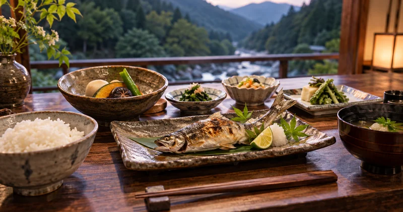 川魚を中心とした温泉旅行の夕食イメージ