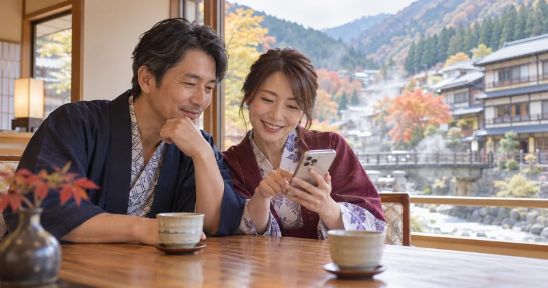 野沢温泉の旅館で客室を選ぶ夫婦のイメージ