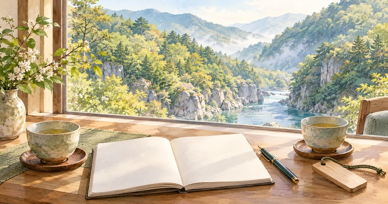 渓谷を望む窓辺でノートとお茶を用意した温泉旅行の予約準備イラスト