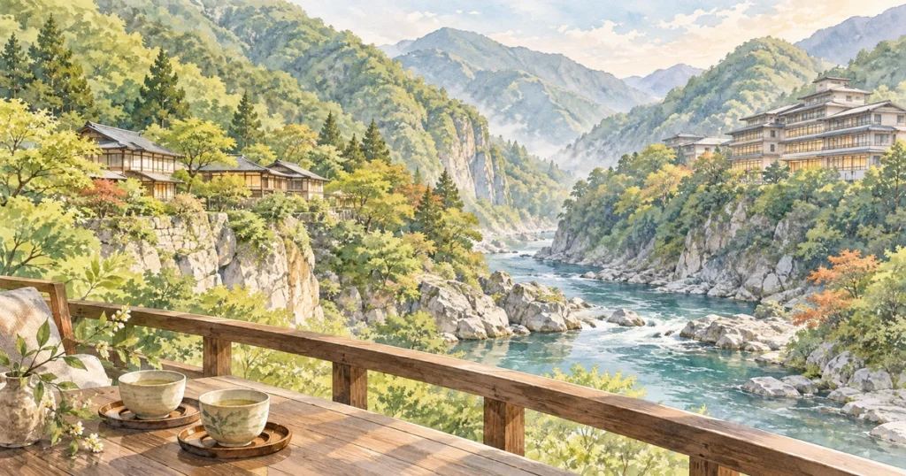 鬼怒川温泉の七重八重とあさやの比較をイメージした渓谷と温泉宿の水彩イラスト